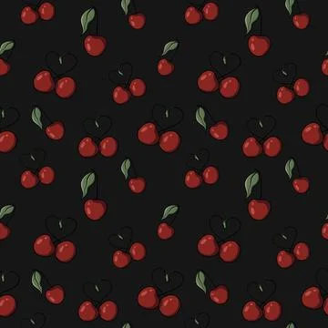 Seamless pattern with drawn elements, cherry, heart, green leaves  Stock Illustration