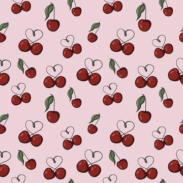 Seamless pattern with drawn elements, cherry, heart, green leaves  스톡 일러스트