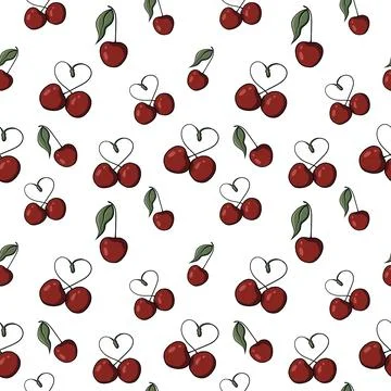 Seamless pattern with drawn elements, cherry, heart, green leaves  Stock Illustration
