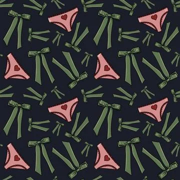 Seamless pattern with drawn elements, green bows, pink panties with red heart Stock Illustration