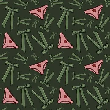 Seamless pattern with drawn elements, green bows, pink panties with red heart Stock Illustration