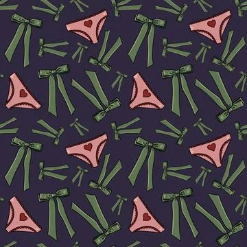 Seamless pattern with drawn elements, green bows, pink panties with red heart Stockillustratie