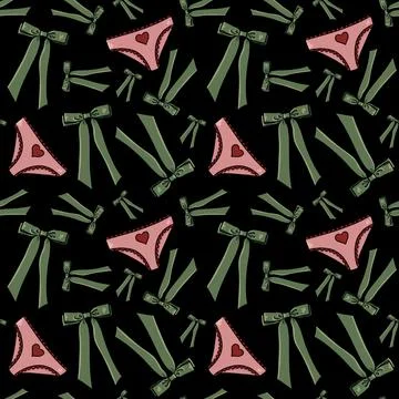 Seamless pattern with drawn elements, green bows, pink panties with red heart Stock Illustration