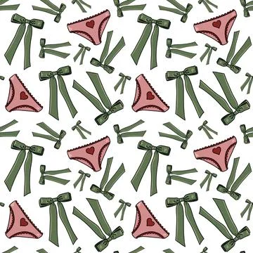Seamless pattern with drawn elements, green bows, pink panties with red heart Stock Illustration