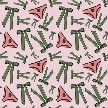 Seamless pattern with drawn elements, green bows, pink panties with red heart Stock Illustration