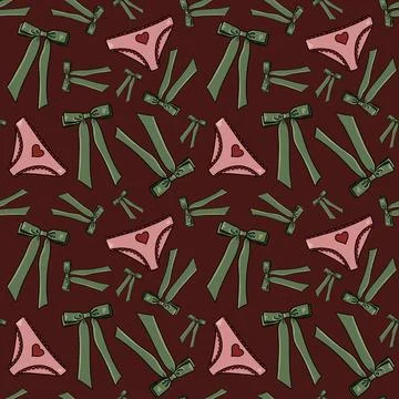 Seamless pattern with drawn elements, green bows, pink panties with red heart Stock Illustration