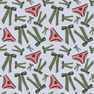 Seamless pattern with drawn elements, green bows, pink panties with red heart Stock Illustration