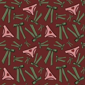 Seamless pattern with drawn elements, green bows, pink panties with red heart Stock Illustration
