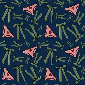 Seamless pattern with drawn elements, green bows, pink panties with red heart Stock Illustration
