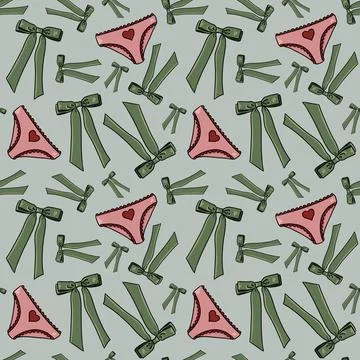 Seamless pattern with drawn elements, green bows, pink panties with red heart Stock Illustration