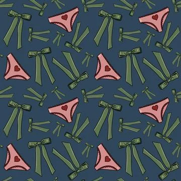 Seamless pattern with drawn elements, green bows, pink panties with red heart Stock Illustration