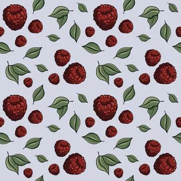 Seamless pattern with drawn elements, raspberries, green leaves, background Stock Illustration