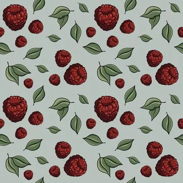 Seamless pattern with drawn elements, raspberries, green leaves, background Stock Illustration