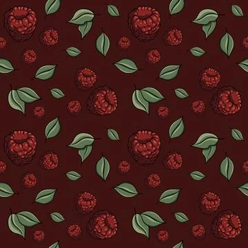 Seamless pattern with drawn elements, raspberries, green leaves, background Stock Illustration