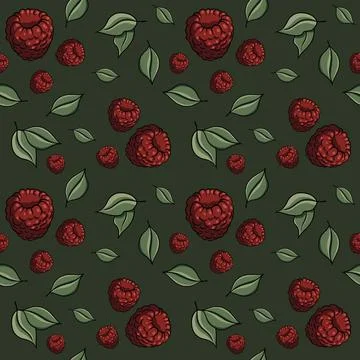 Seamless pattern with drawn elements, raspberries, green leaves, background Stock Illustration
