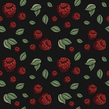 Seamless pattern with drawn elements, raspberries, green leaves, background Stock Illustration