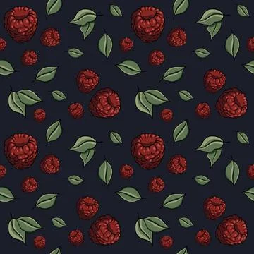 Seamless pattern with drawn elements, raspberries, green leaves, background Stock Illustration
