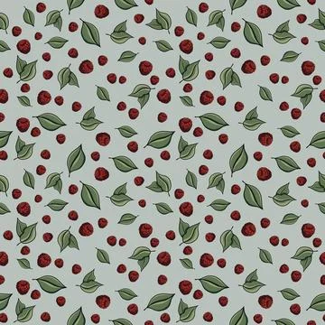 Seamless pattern with drawn elements, raspberries, green leaves, background Stock Illustration