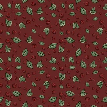 Seamless pattern with drawn elements, raspberries, green leaves, background Stock Illustration