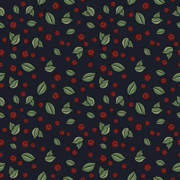 Seamless pattern with drawn elements, raspberries, green leaves, background Stock Illustration
