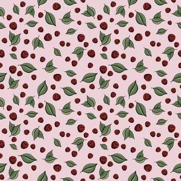 Seamless pattern with drawn elements, raspberries, green leaves, background Stock Illustration