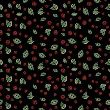 Seamless pattern with drawn elements, raspberries, green leaves, background Stock Illustration