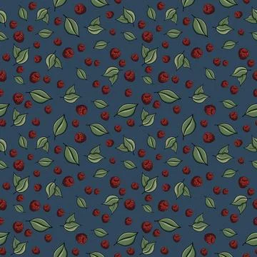 Seamless pattern with drawn elements, raspberries, green leaves, background Stock Illustration