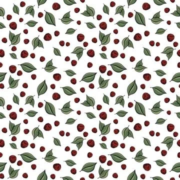 Seamless pattern with drawn elements, raspberries, green leaves, background Stock Illustration