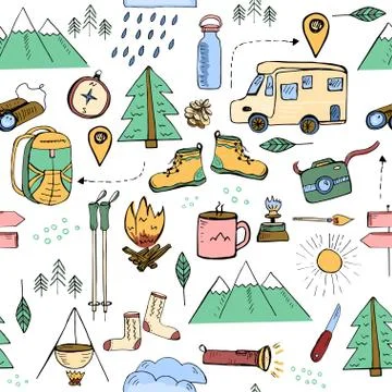 Seamless pattern with drawn elements related to hiking, camping and travelling Stock Illustration