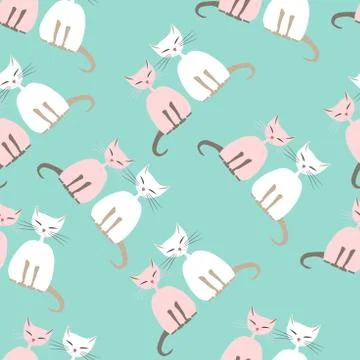 Seamless pattern. drawn fat sphynx cats with closed eyes in pairs on a cyan b Illustrazione stock