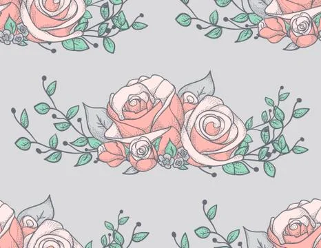 Seamless Pattern with Drawn Flowers, Roses with Branches Stock Illustration