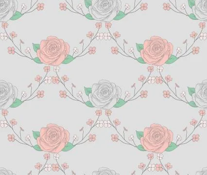 Seamless Pattern with Drawn Flowers, Roses with Branches Stock Illustration