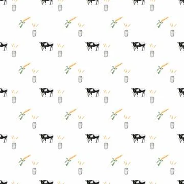 Seamless pattern drawn by hand. cute cow with bow and can. farm rural life Stock Illustration