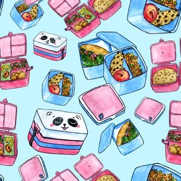 Seamless pattern with drawn lunchboxes Stock Illustration