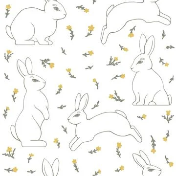 Seamless pattern of drawn rabbits and simple flowers. Vector flat illustratio イラスト素材