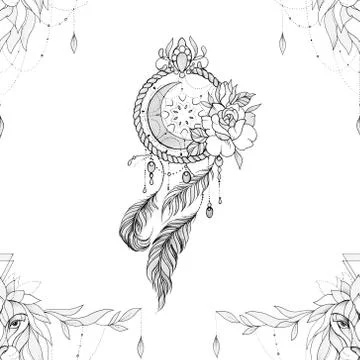 Seamless pattern dream catcher with flowers and lion on a white background. Stock Illustration