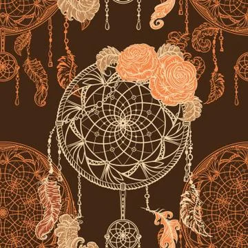 Seamless pattern with dream catcher, roses, leaves and feathers Illustrazione stock