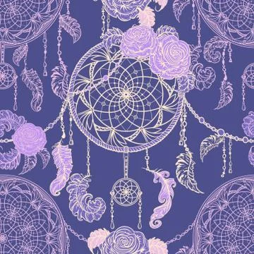Seamless pattern with dream catcher, roses, leaves and feathers. Stock Illustration