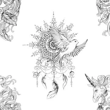 Seamless pattern dreamcatcher and bird and pegasus on white background. Stock Illustration