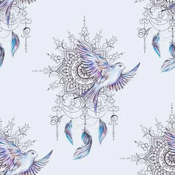 Seamless pattern dreamcatcher and bird on white background. Stock Illustration