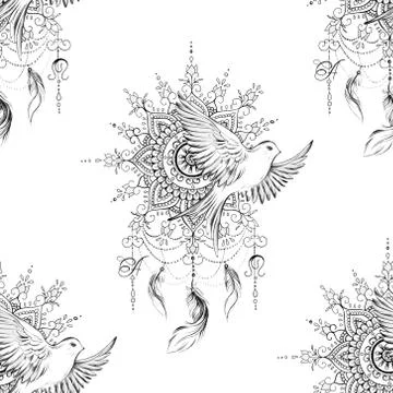 Seamless pattern dreamcatcher and bird on white background. Illustrazione stock