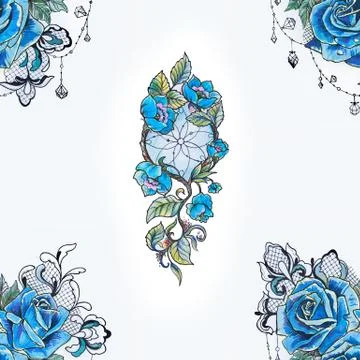 Seamless pattern dreamcatcher and blue roses on a white background. Stock Illustration