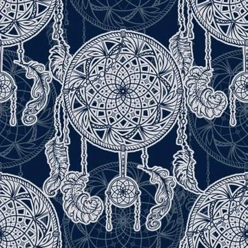 Seamless pattern with dreamcatcher and feathers. Stock Illustration