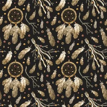 Seamless pattern with dreamcatcher, beads, branches and feathers. Watercolor Stock Illustration