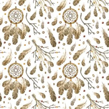 Seamless pattern with dreamcatcher, beads, branches and feathers. Watercolor Stock Illustration