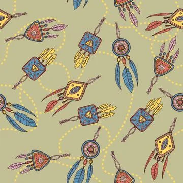 Seamless pattern with dreamcatcher, feathers and beads. Stock Illustration