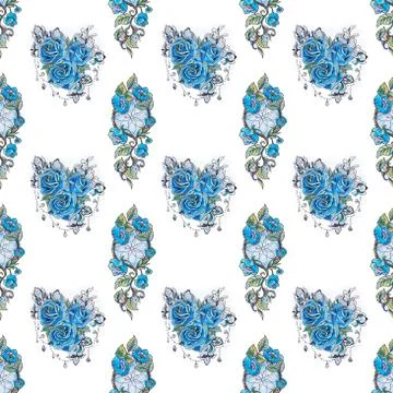 Seamless pattern dreamcatcher with flowers and blue roses on a white background. Stock Illustration