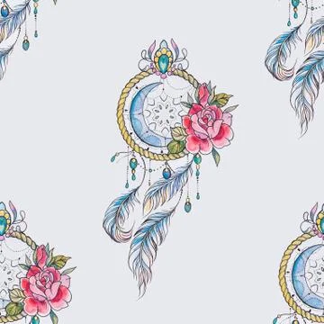 Seamless pattern dreamcatcher with flowers on a white background. Stock Illustration