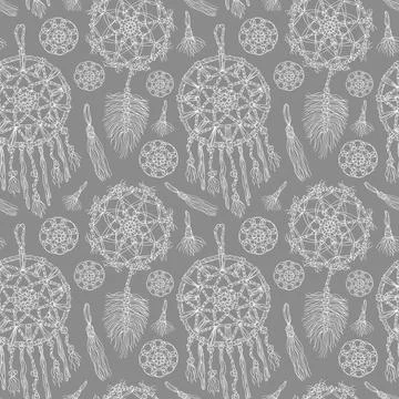 Seamless pattern with .dreamcatcher, macrame, lace. Pencil drawing Stock Illustration