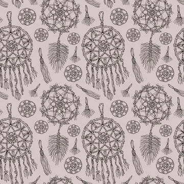 Seamless pattern with .dreamcatcher, macrame, lace. Pencil drawing Stock Illustration